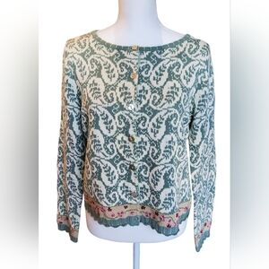 Sundance Paisley Knit Cardigan in Green and Cream with Floral Trim